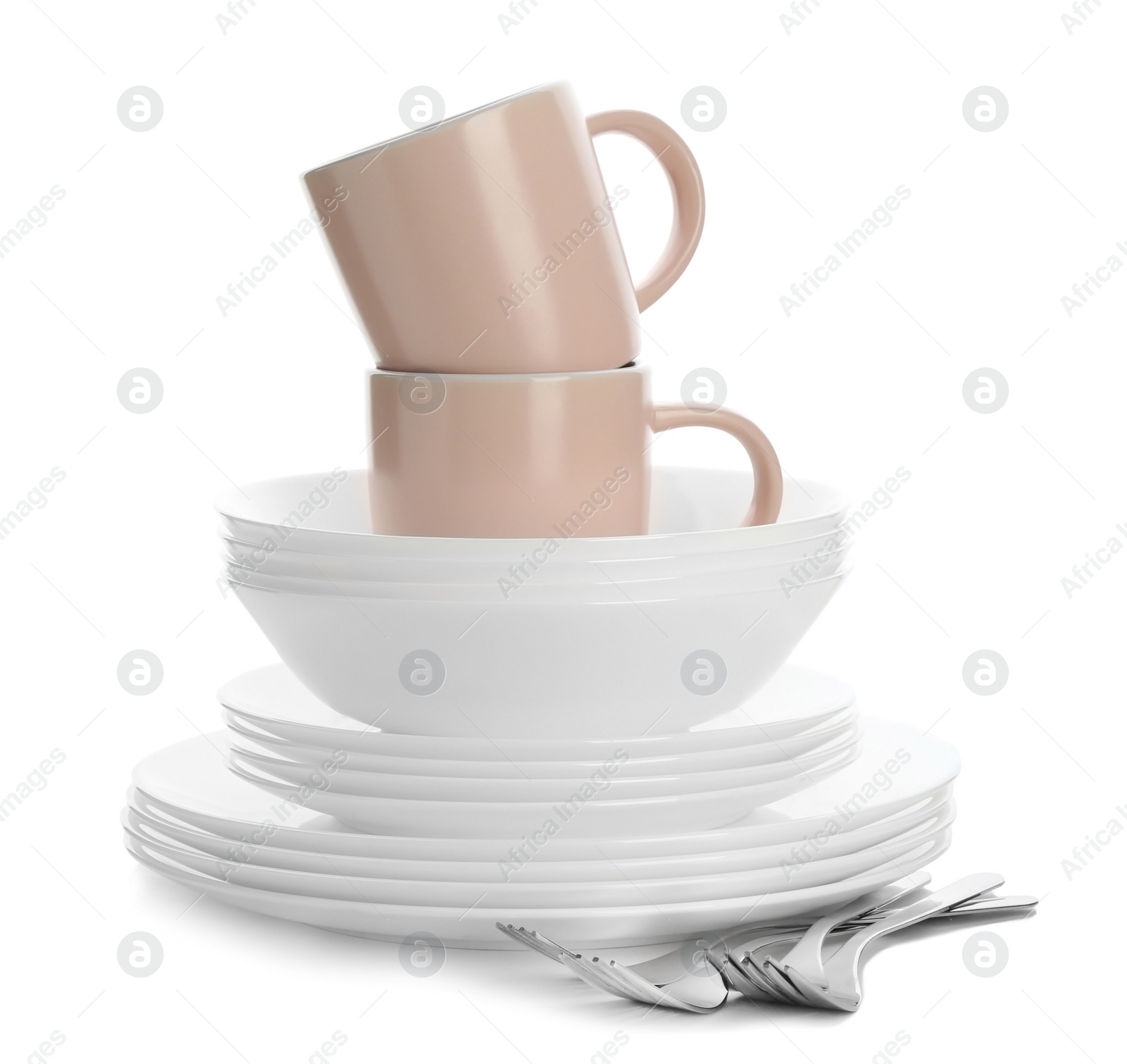 Photo of Different clean tableware on white background