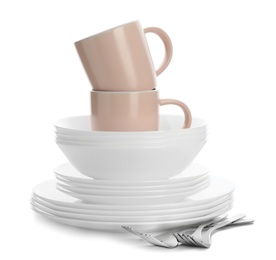 Photo of Different clean tableware on white background