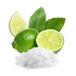 Image of Limes and salt isolated on white. Margarita cocktail ingredients