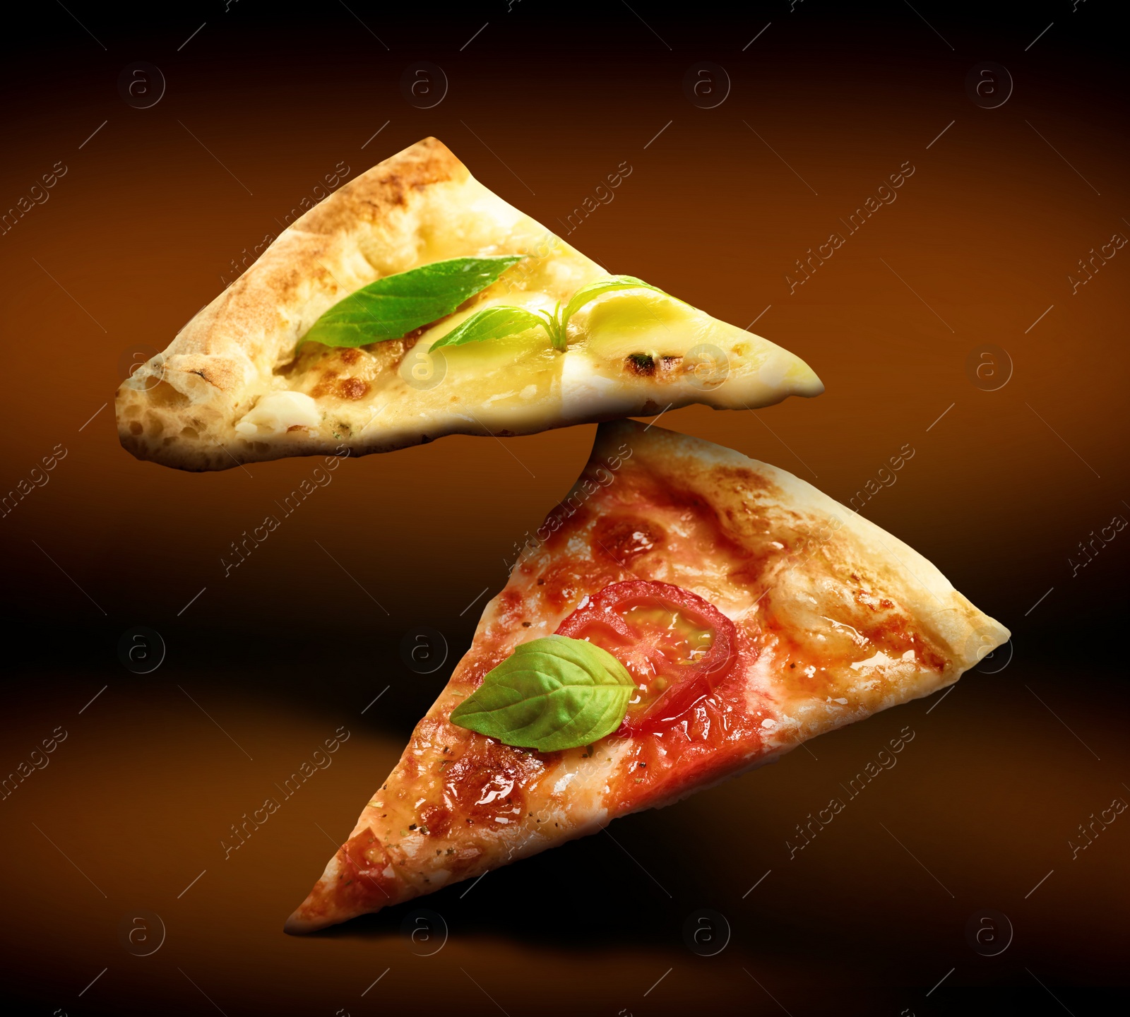 Image of Slices of tasty cheese and Margherita pizzas on dark background. Image for menu or poster