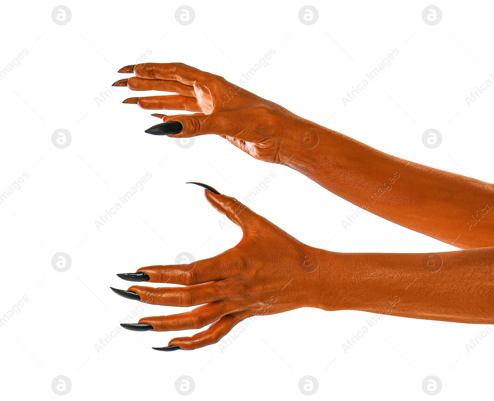 Image of Creepy monster. Orange hands with claws isolated on white