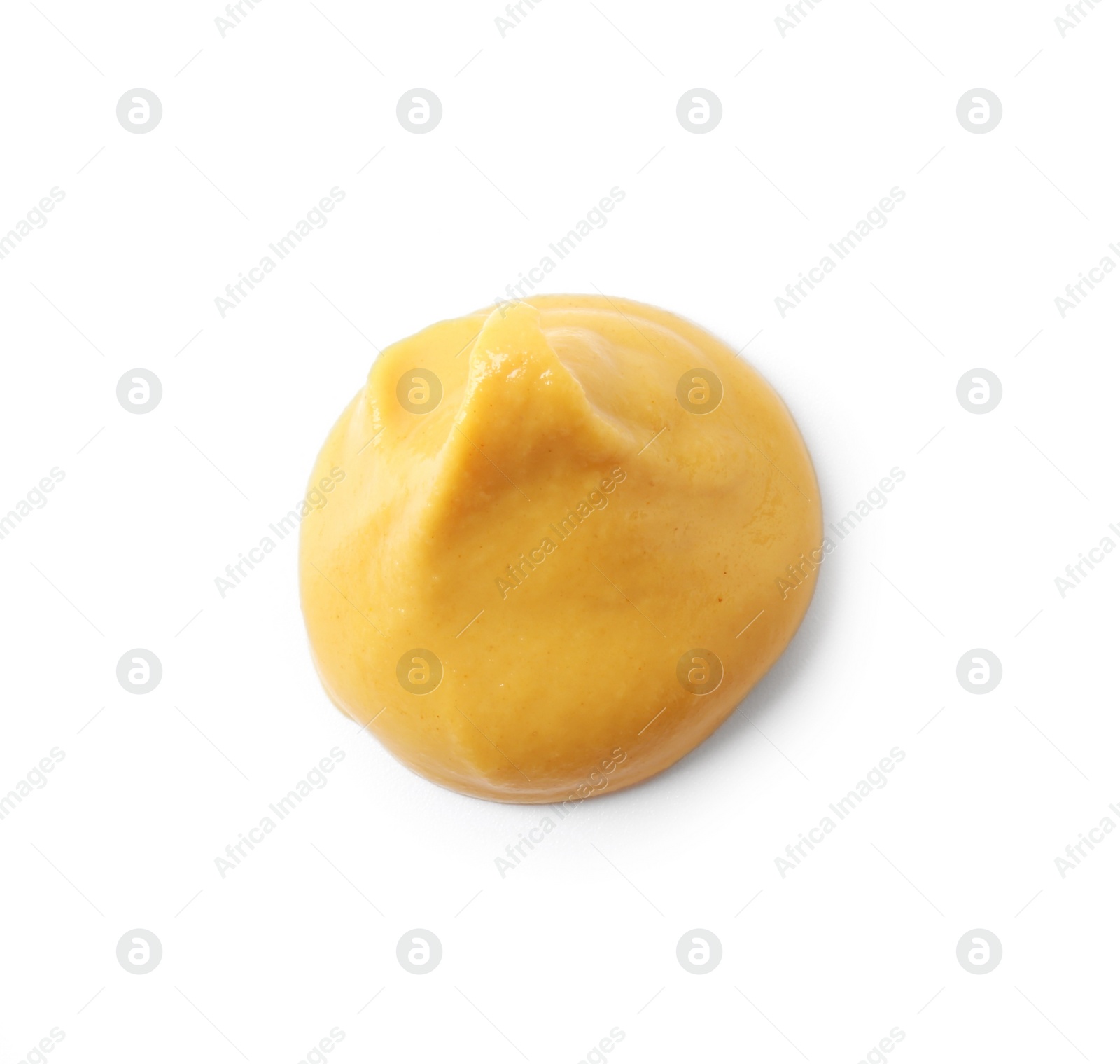 Photo of Fresh tasty mustard sauce isolated on white, top view