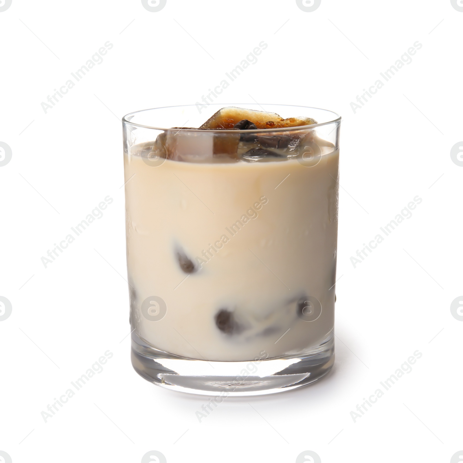 Photo of Glass of milk with coffee ice cubes on white background