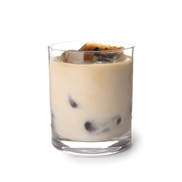 Glass of milk with coffee ice cubes on white background