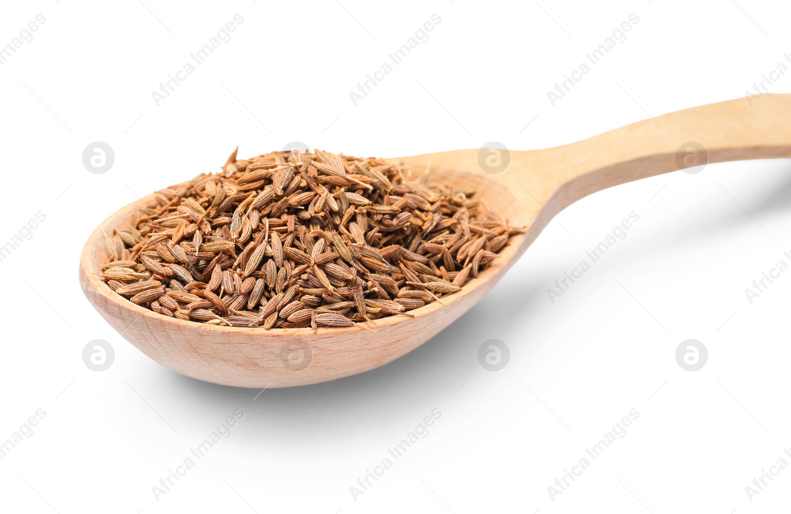 Photo of Spoon of aromatic caraway (Persian cumin) seeds isolated on white