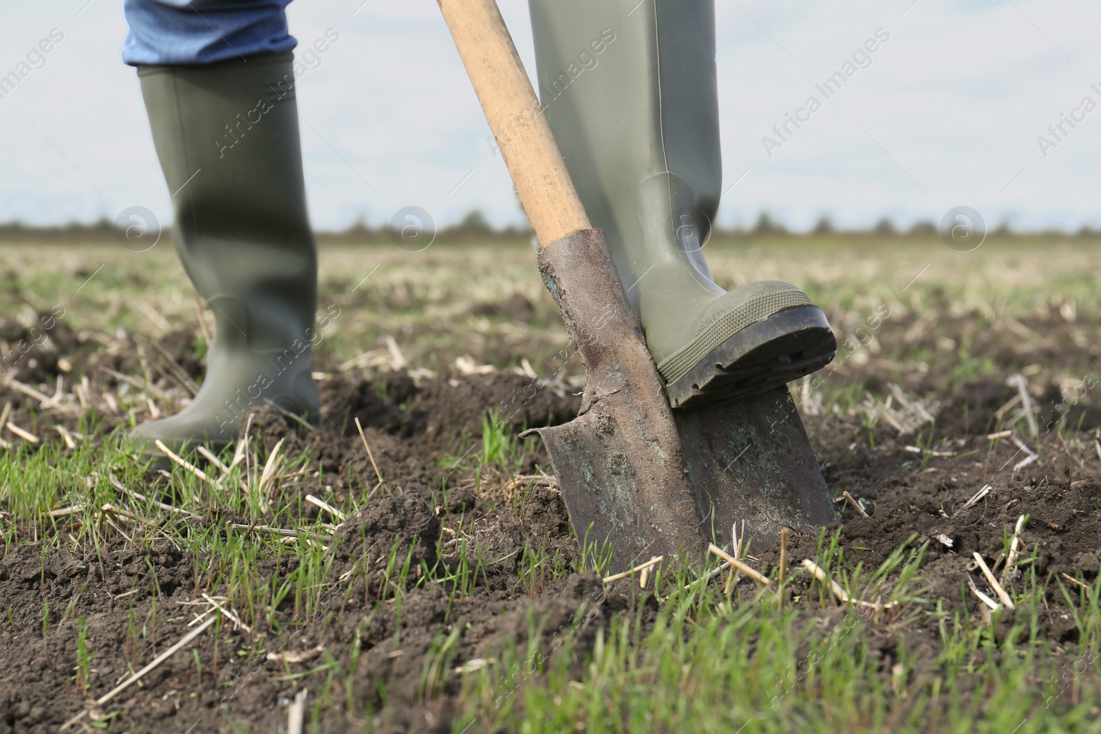 Photo of Man digging soil with shovel in field, closeup