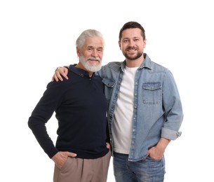 Photo of Happy son and his dad on white background