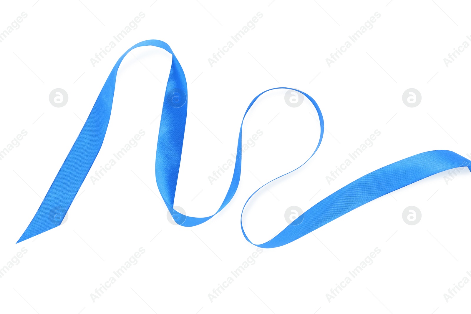 Photo of Beautiful blue ribbon isolated on white, top view