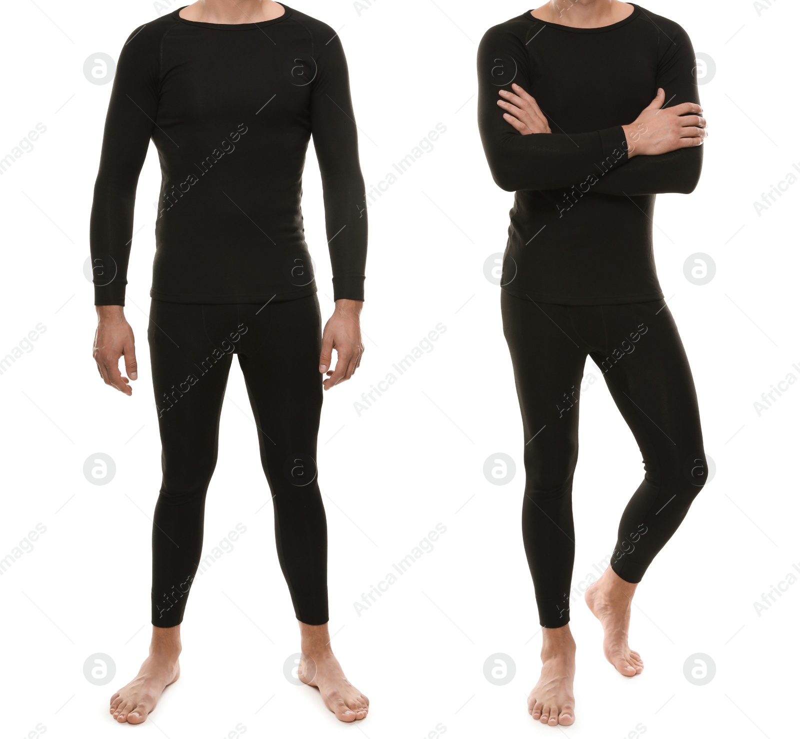 Image of Collage of man wearing thermal underwear isolated on white, closeup