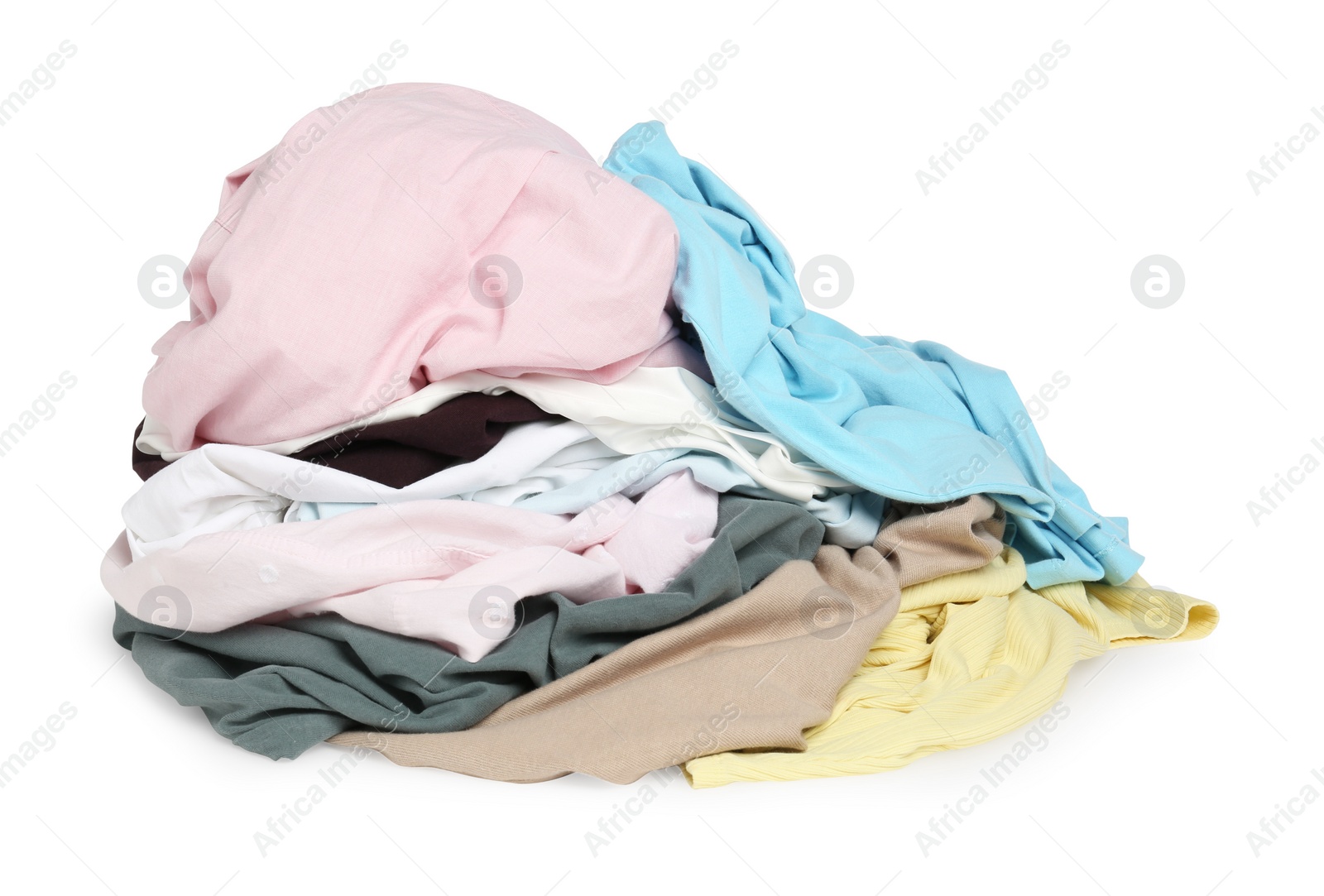 Photo of Pile of colorful clothes isolated on white