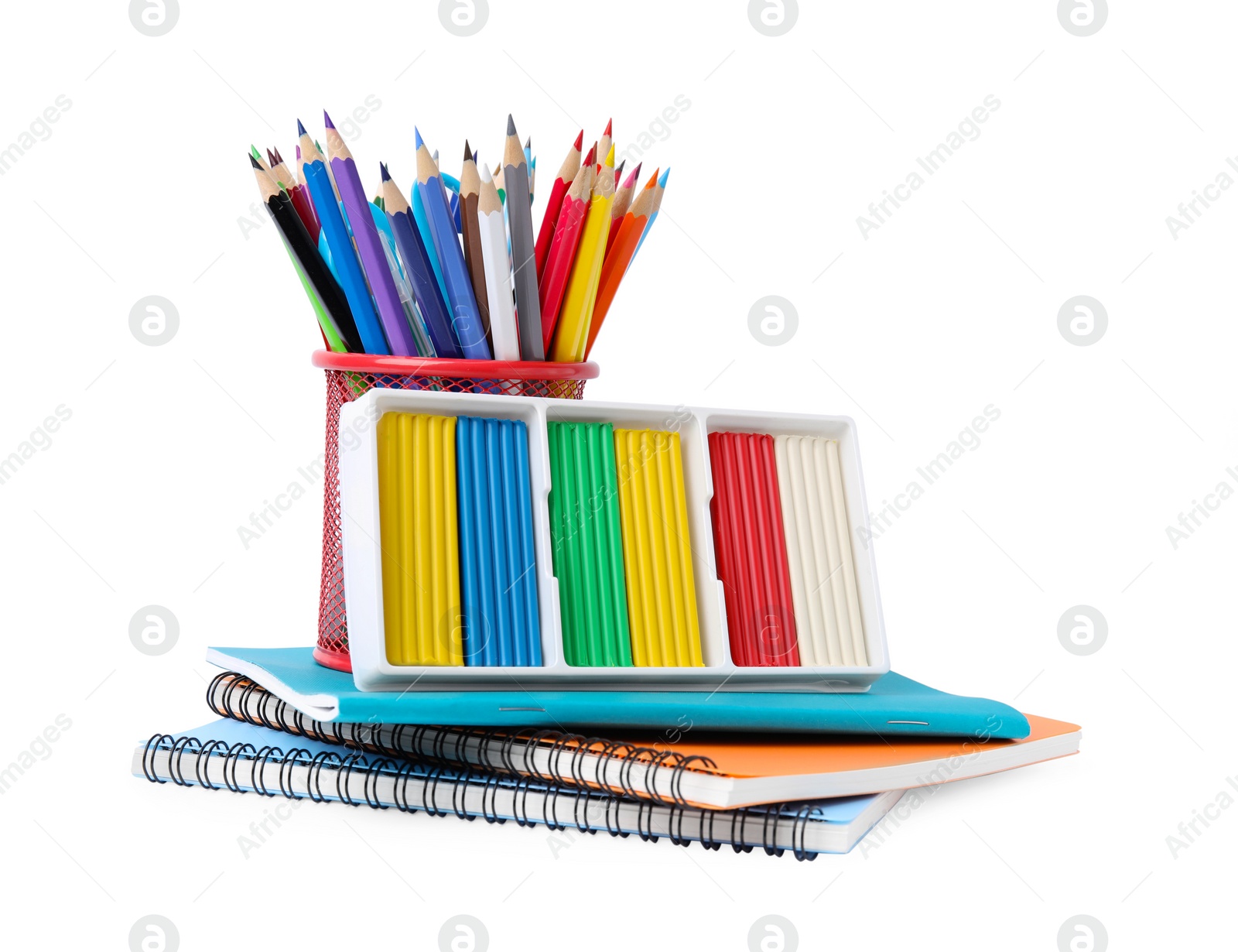 Photo of Different school stationery on white background. Back to school