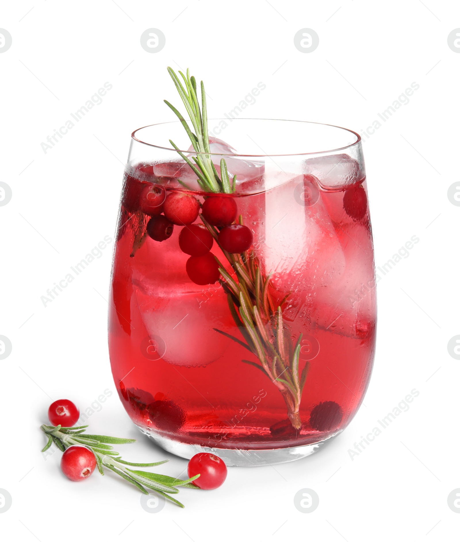 Photo of Tasty refreshing cranberry cocktail with rosemary on white background