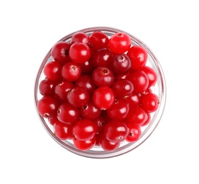 Photo of Fresh ripe cranberries in bowl isolated on white, top view