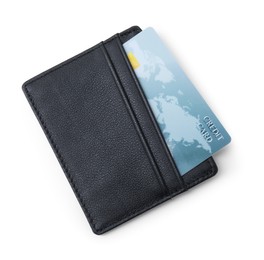 Photo of Black card holder with plastic credit card isolated on white, top view