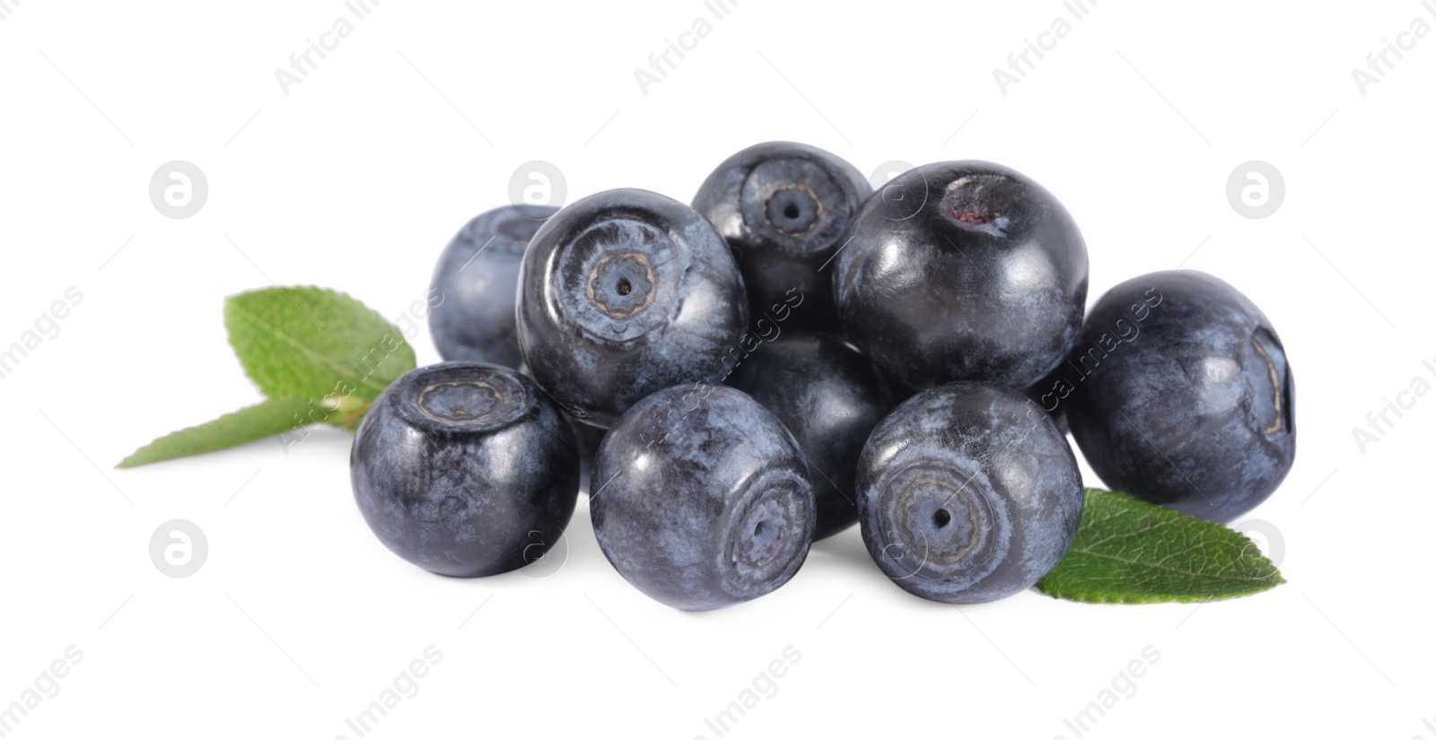 Photo of Delicious ripe bilberries and green leaves isolated on white