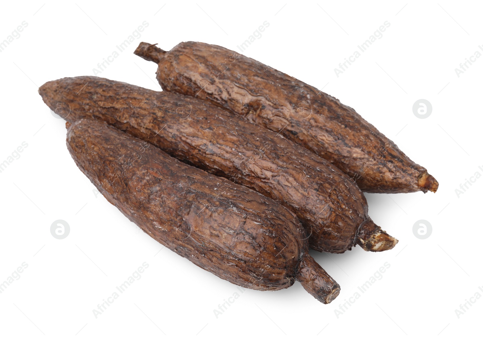 Photo of Three whole ripe cassava roots isolated on white