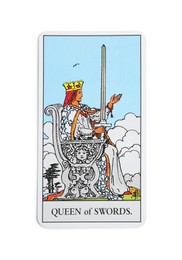 Photo of The Queen of Swords tarot card on white background, top view