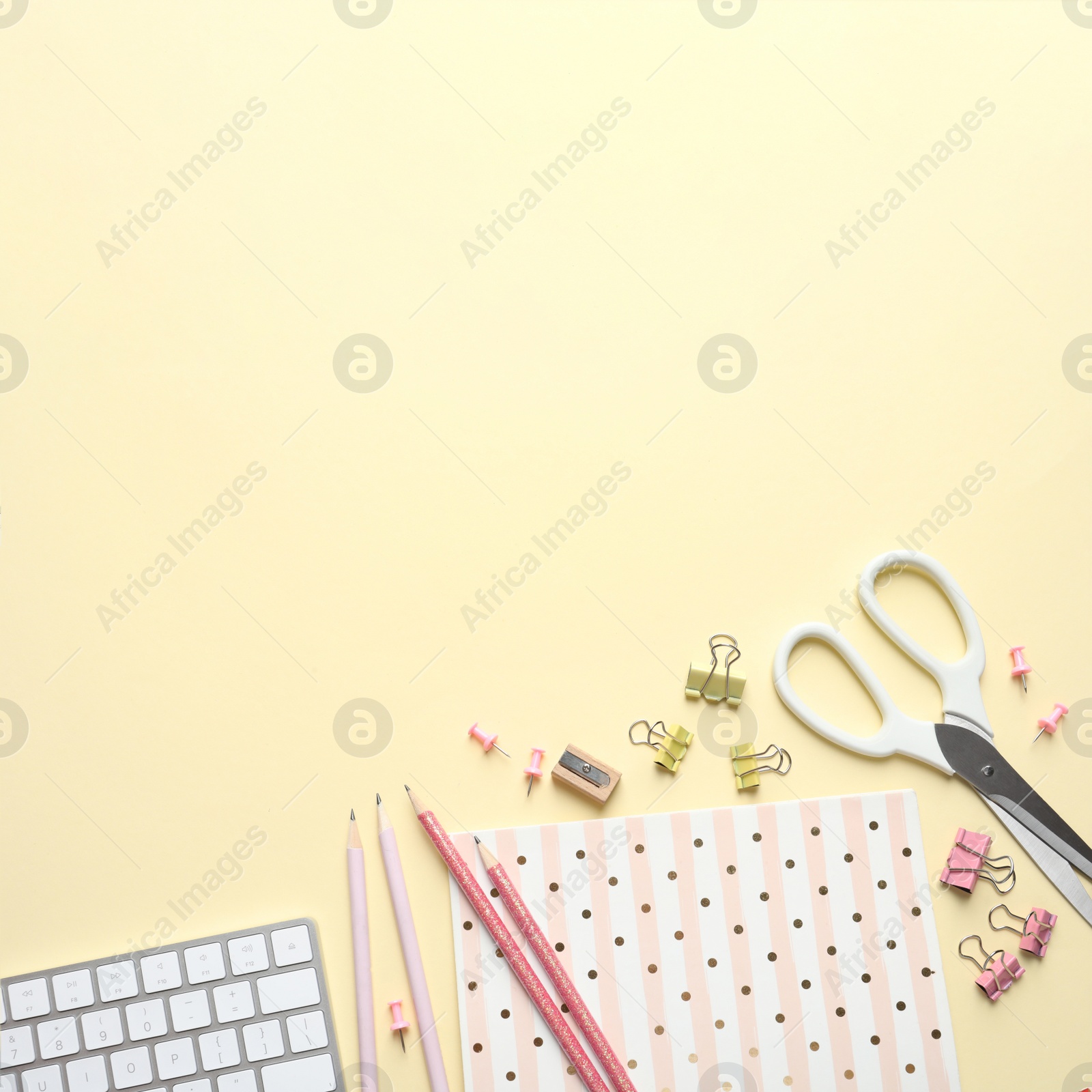 Image of Flat lay composition with scissors and office supplies on light background. Space for text