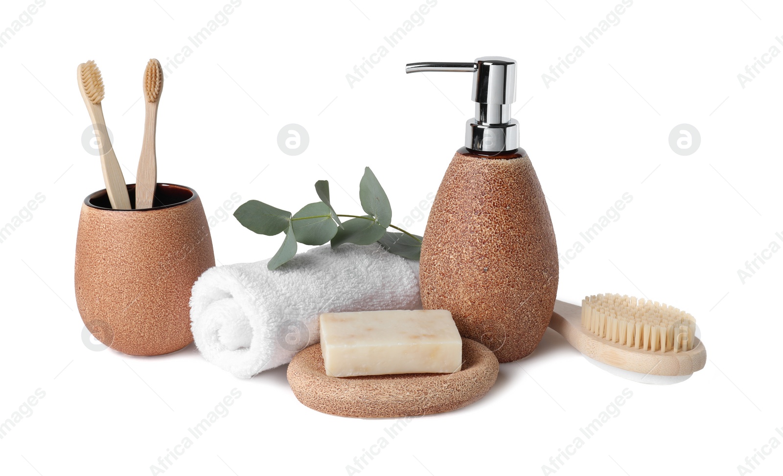Photo of Bath accessories. Different personal care products and eucalyptus branch isolated on white