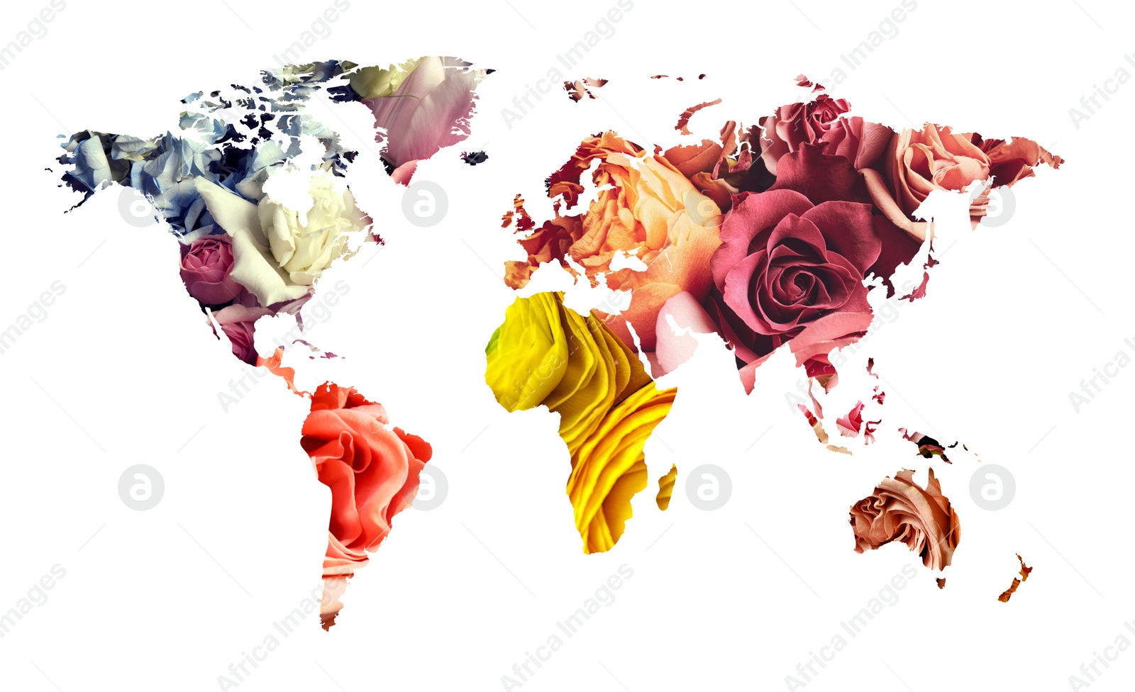 Image of World map made of beautiful flowers on white background, banner design