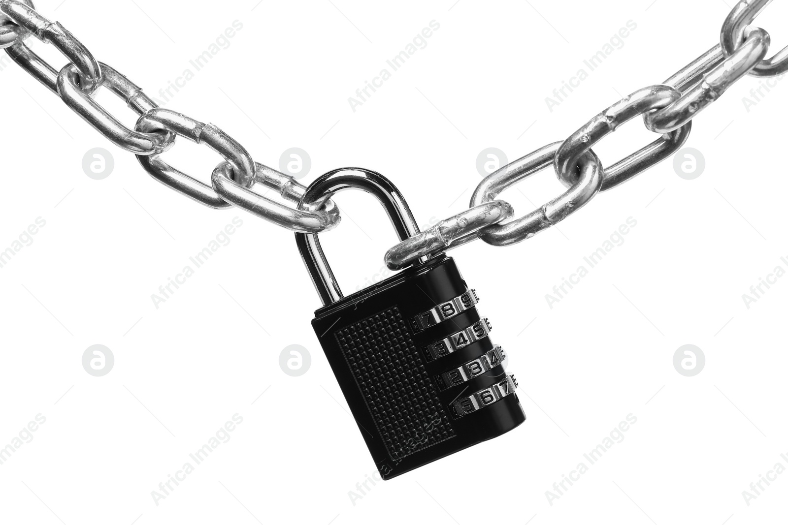 Photo of Steel combination padlock and chain isolated on white