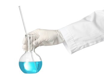 Photo of Scientist holding glass flask with liquid on white background. Chemical research