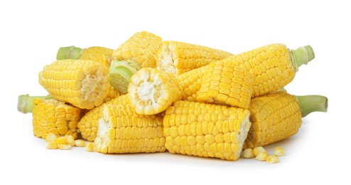 Photo of Many fresh corncobs with grains on white background