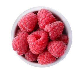 Delicious fresh ripe raspberries in bowl isolated on white, top view