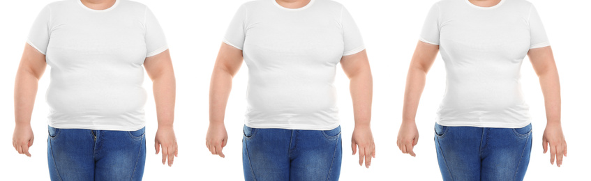 Collage with photos of overweight woman before and after weight loss on white background,closeup. Banner design 