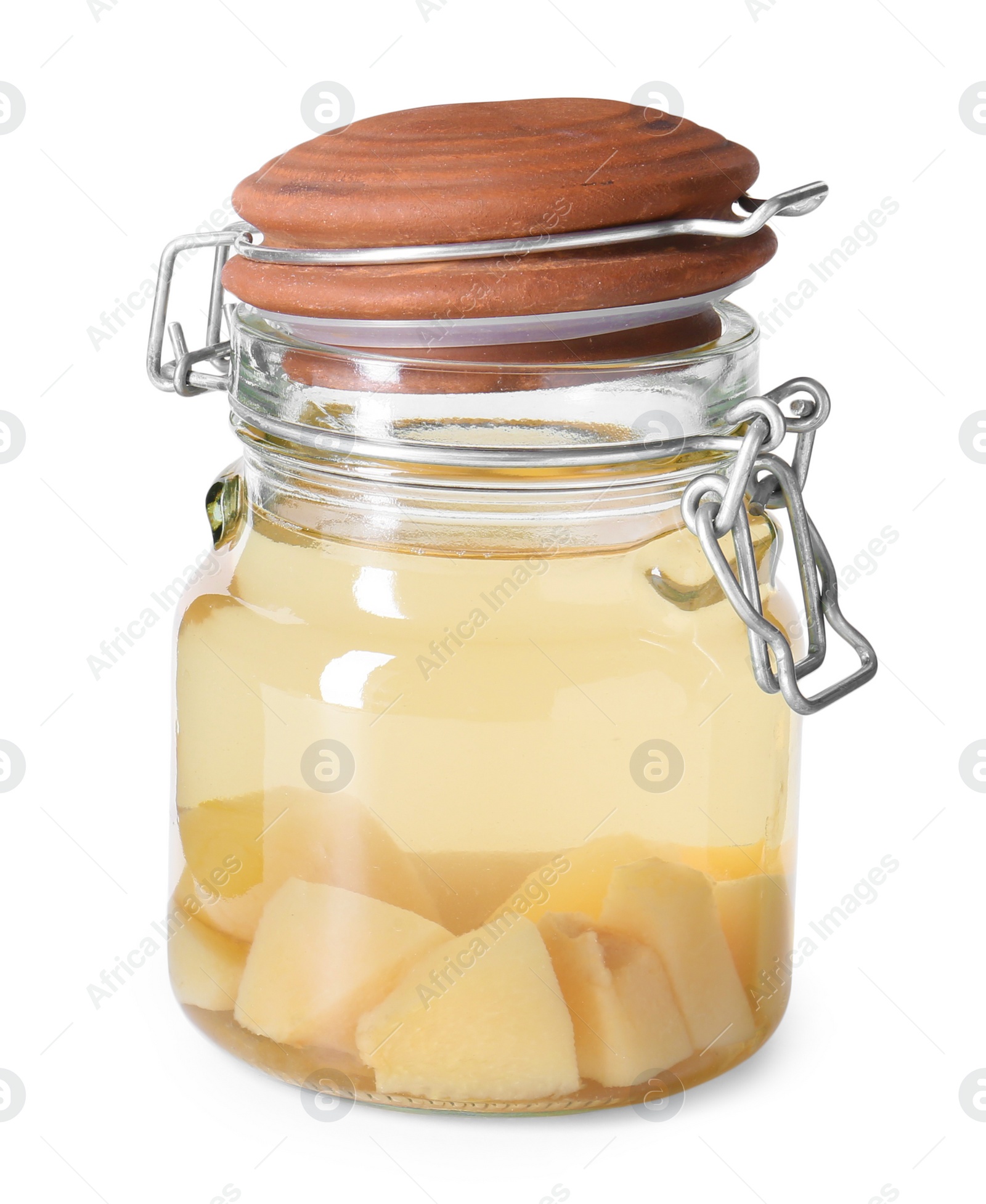 Photo of Delicious quince drink in glass jar isolated on white