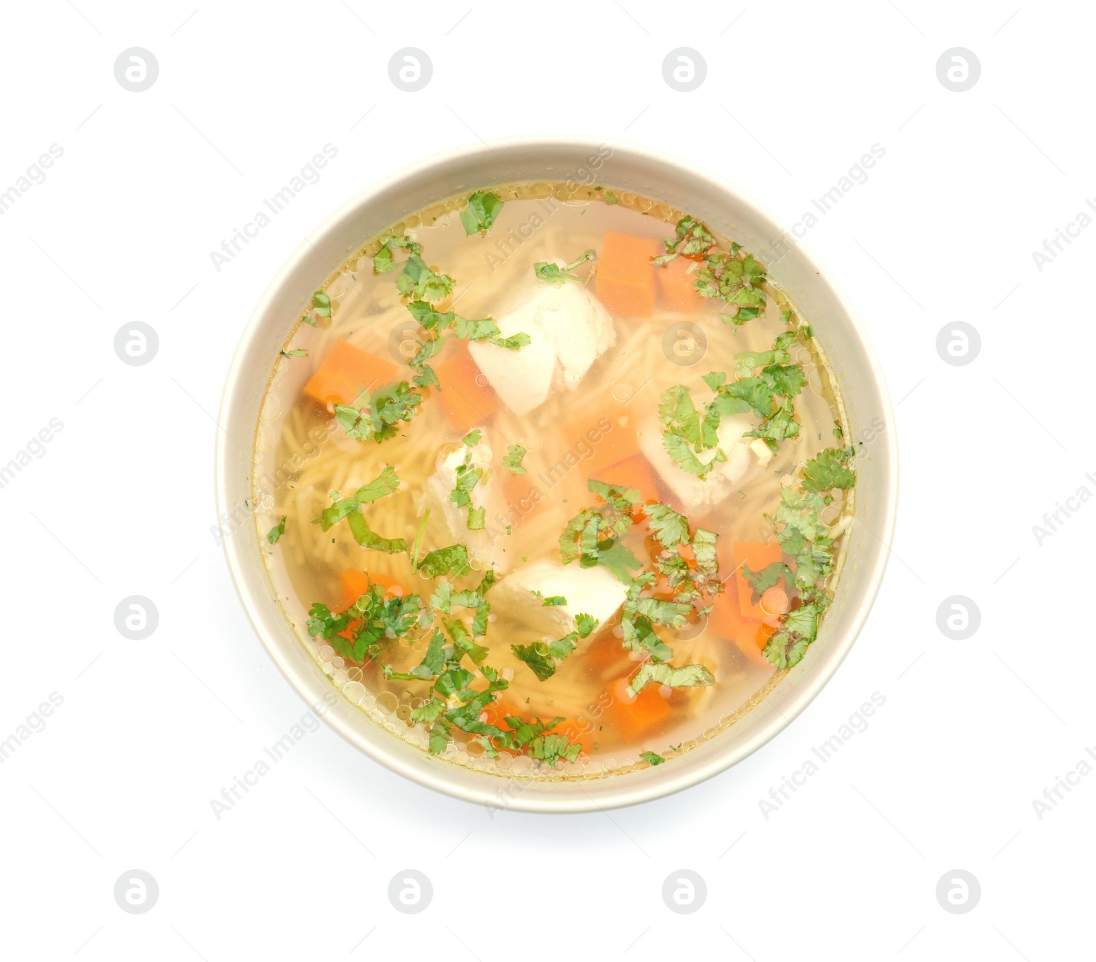 Photo of Bowl with fresh homemade chicken soup on white background, top view