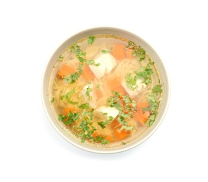 Bowl with fresh homemade chicken soup on white background, top view