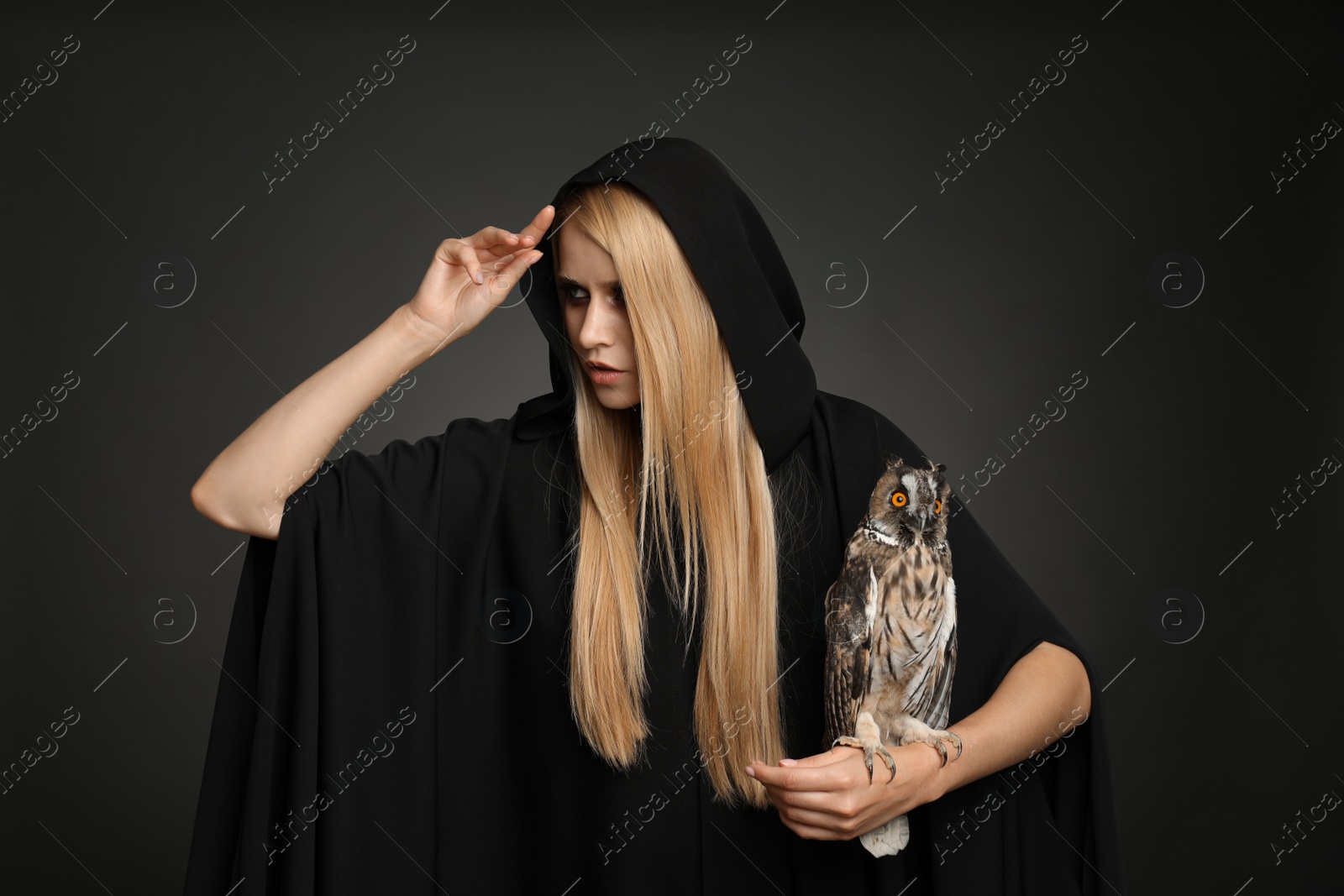 Photo of Witch in black mantle with owl on dark background. Scary fantasy character