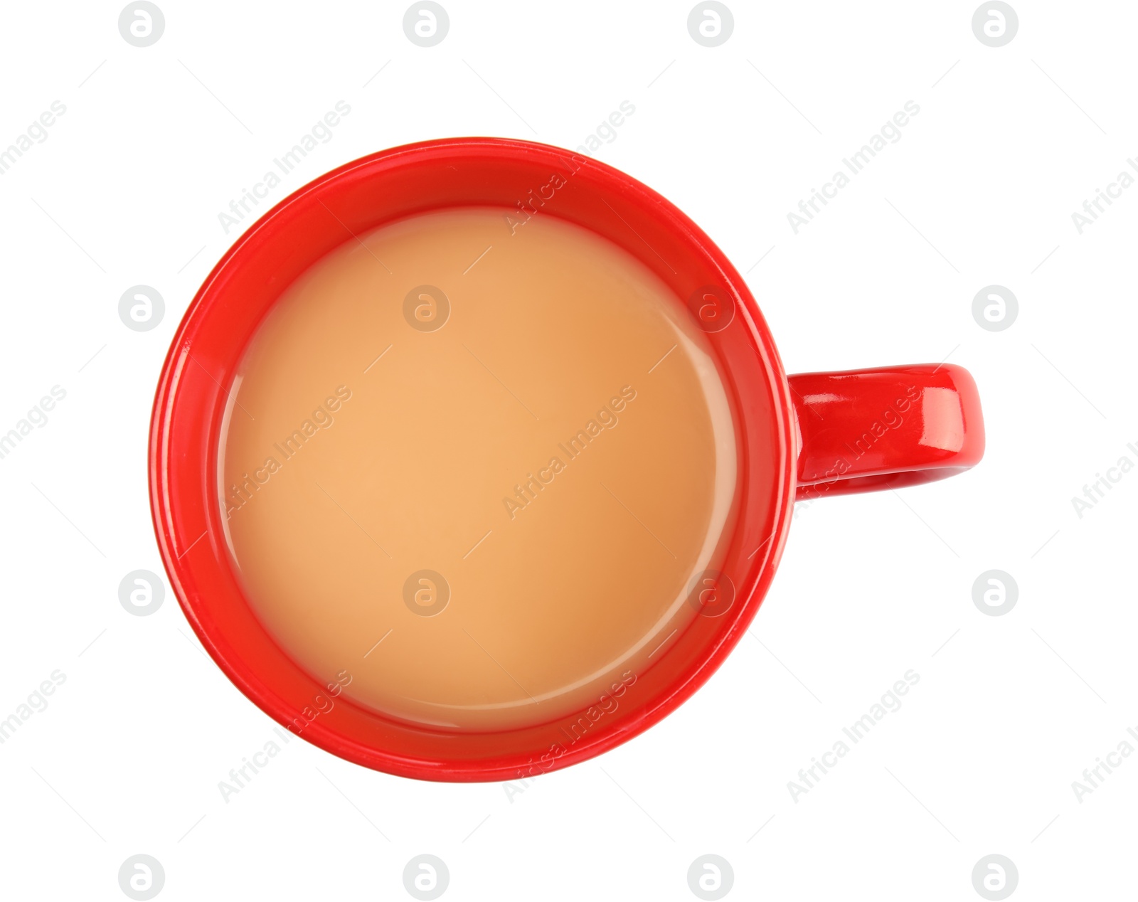 Photo of Cup with black tea and milk on white background