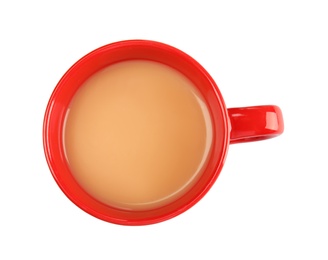 Photo of Cup with black tea and milk on white background