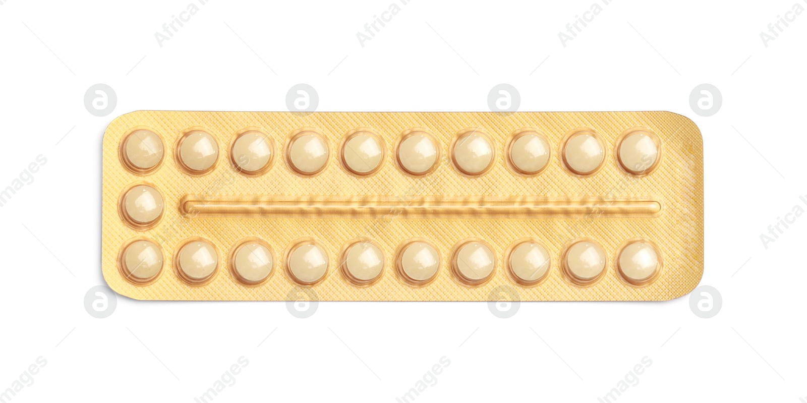 Photo of Blister of oral contraception pills isolated on white, top view