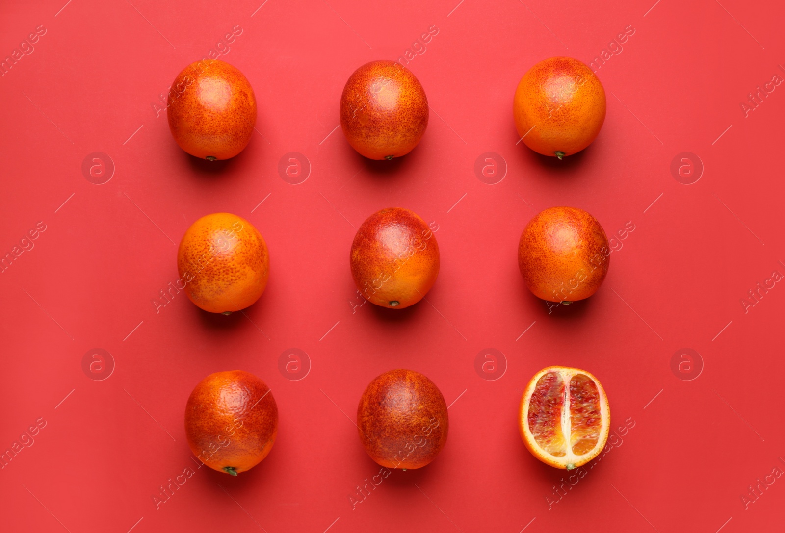 Photo of Many ripe sicilian oranges on red background, flat lay