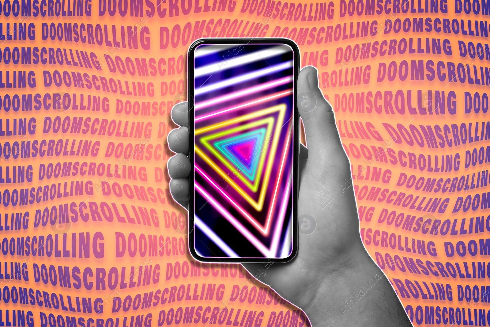 Image of Doomscrolling concept. Man holding mobile phone with geometric pattern on screen against bright background with words