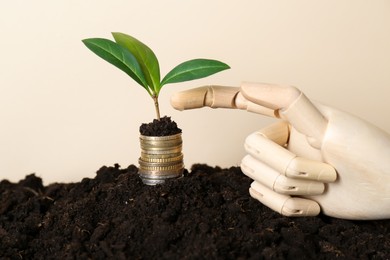 Stack of coins with green plant and wooden mannequin hand on soil against beige background. Profit concept