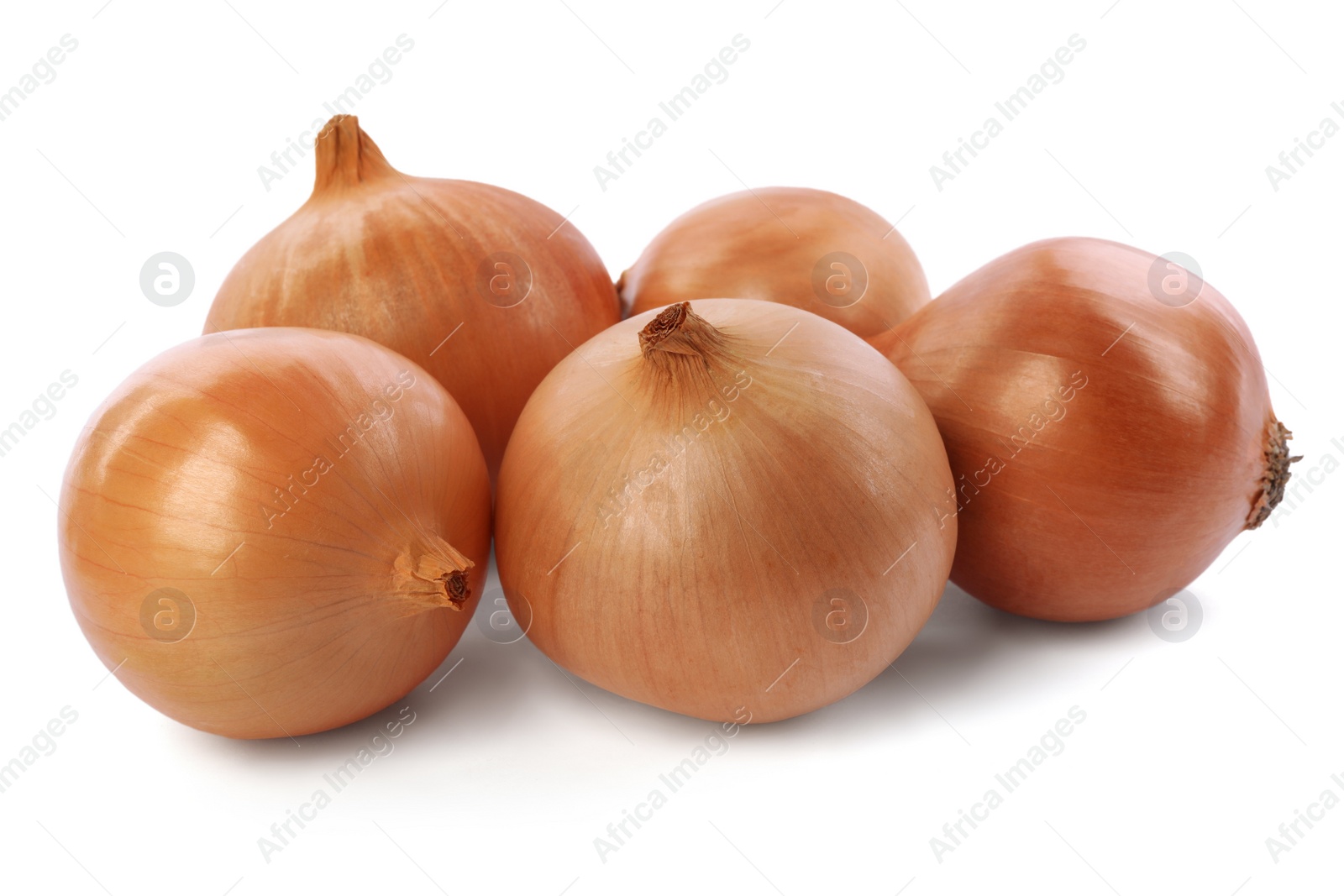 Photo of Pile of tasty fresh onions isolated on white