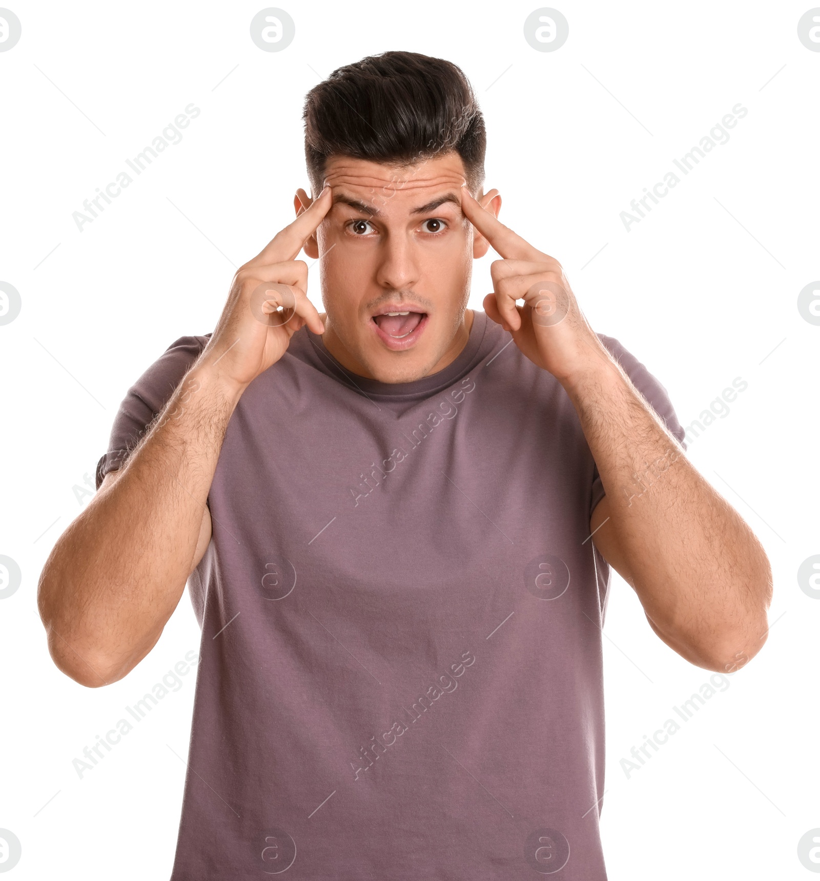 Photo of Portrait of emotional man on white background. Personality concept