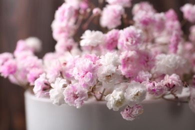 Photo of Beautiful dyed gypsophila flowers on brown background, closeup