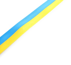 Photo of Ribbon with colors of national Ukrainian flag isolated on white