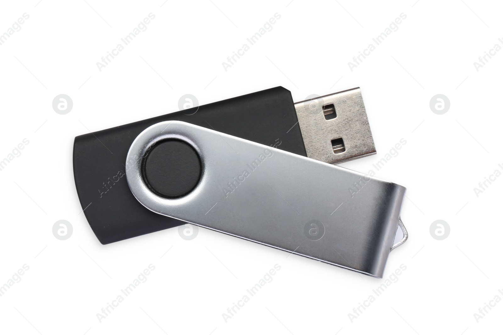 Photo of Modern usb flash drive isolated on white, top view