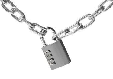 Photo of Steel combination padlock and chain isolated on white