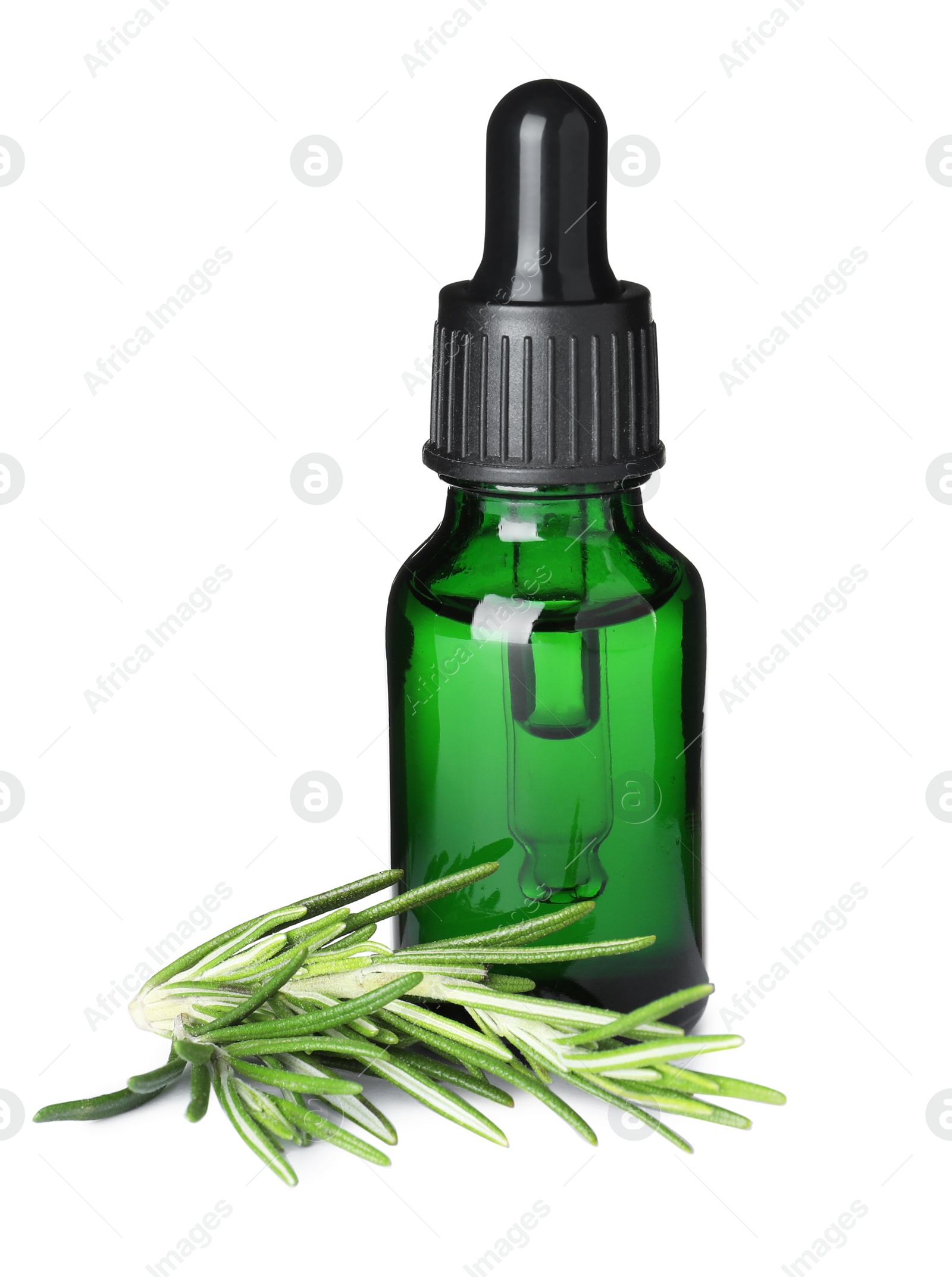 Photo of Little bottle of essential oil and rosemary on white background