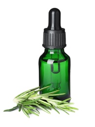 Little bottle of essential oil and rosemary on white background