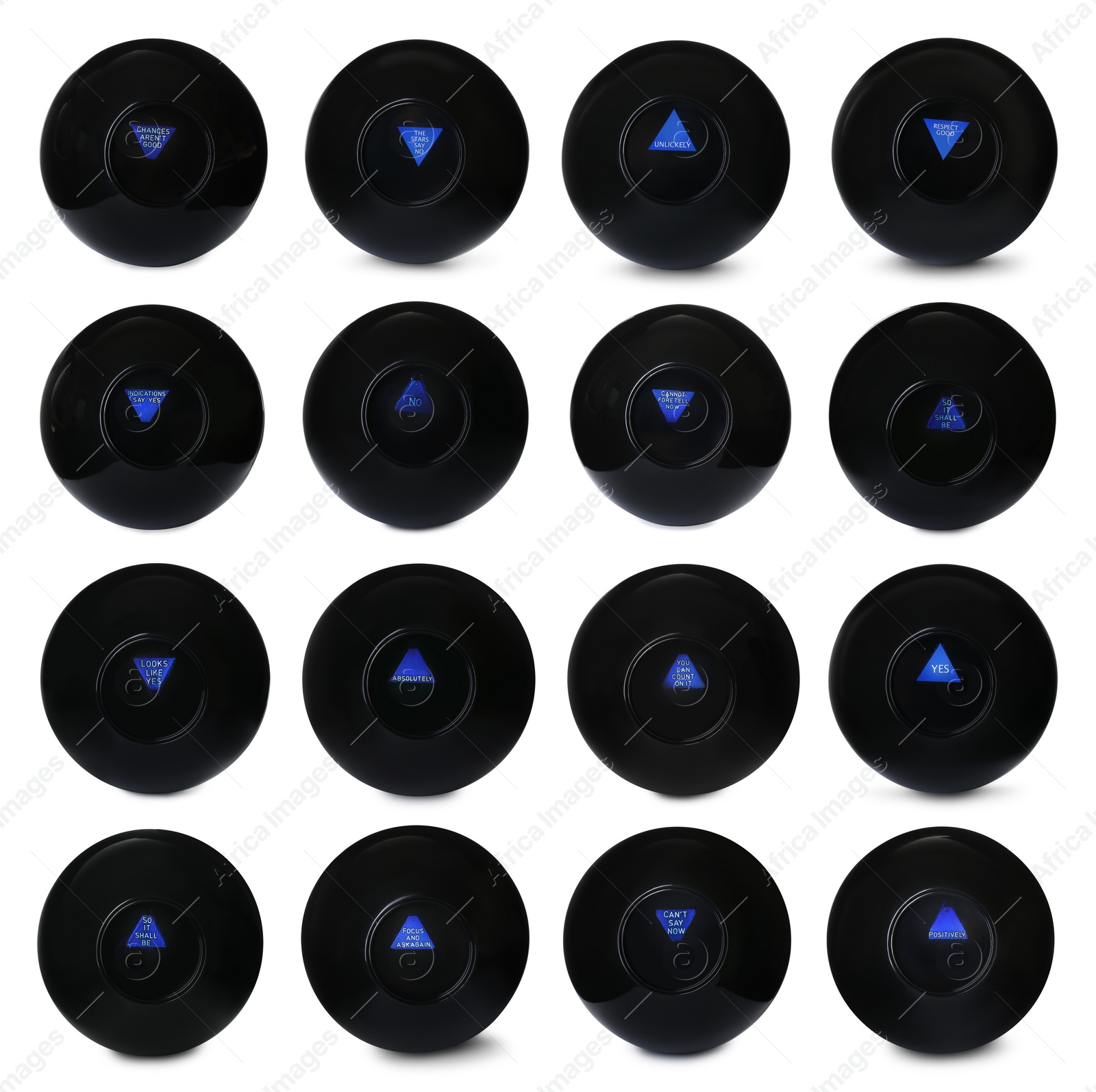 Image of Magic eight ball with different predictions isolated on white, collection