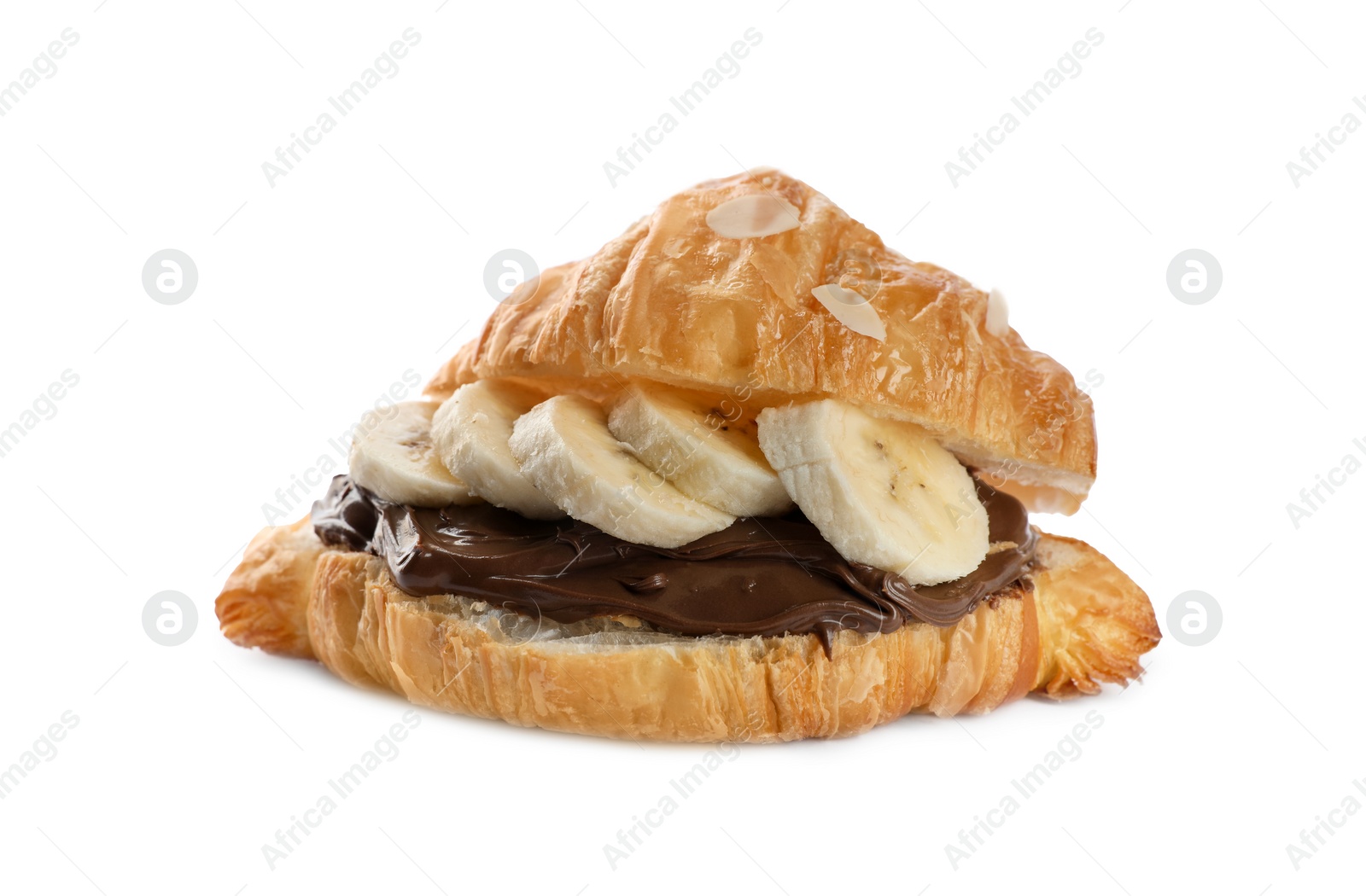 Photo of Delicious croissant with banana and chocolate isolated on white