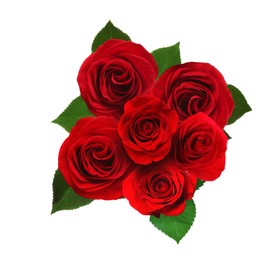 Image of Beautiful bouquet with red roses on white background